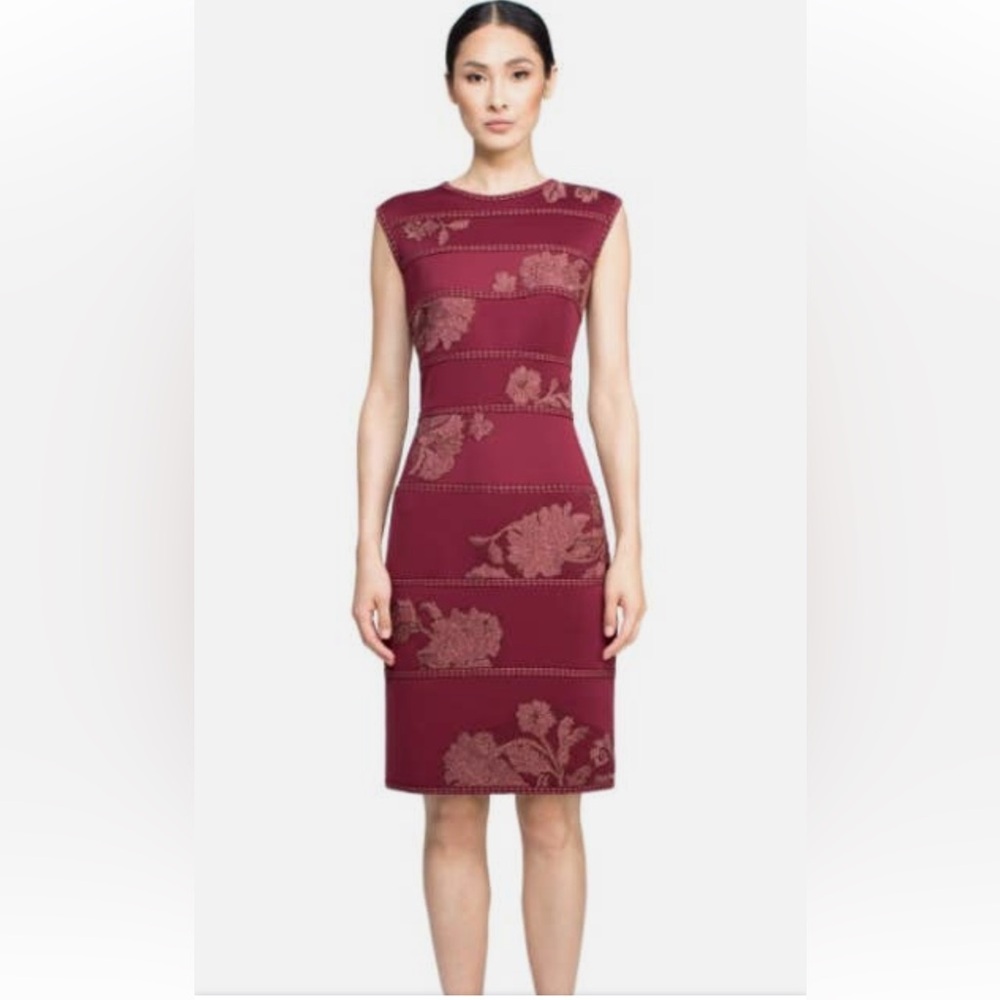 Tadashi Shoji  Burgundy Sleeveless Embroidered Knee-Length Sheath Dress’s
